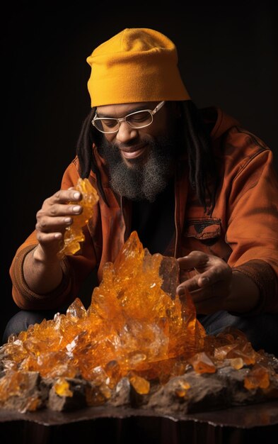 un homme avec des lunettes regardant une pièce d'or