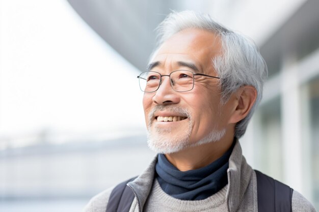 un homme avec des lunettes et un sac à dos sourit