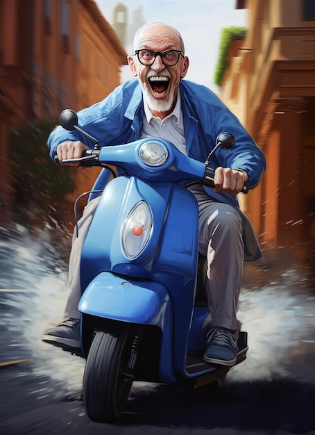 homme avec des lunettes sur un scooter bleu