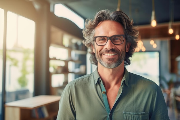 Un homme avec des lunettes se tient dans un café en souriant.