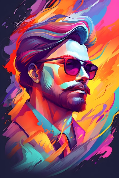 Homme avec des lunettes de soleil et une barbe devant un fond orange et rose Generative AI