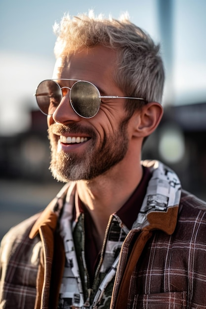 Un homme avec des lunettes de soleil qui dit "lunettes de soleil" dessus