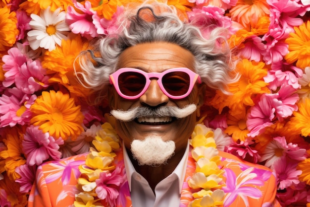 Homme avec des lunettes de soleil roses devant le mur de fleurs