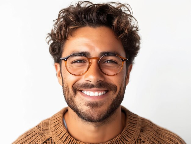 Un homme avec des lunettes souriant devant un fond blanc