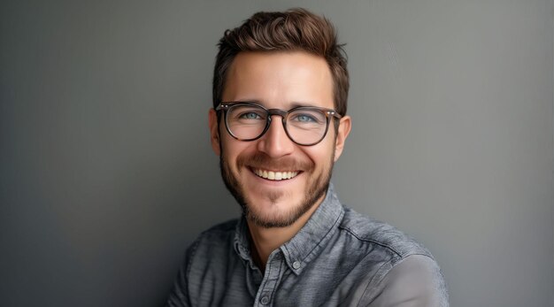 Un homme avec des lunettes souriant devant un fond gris