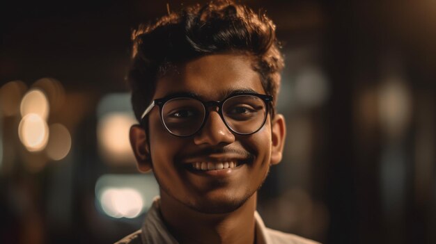 Un homme à lunettes sourit à la caméra.