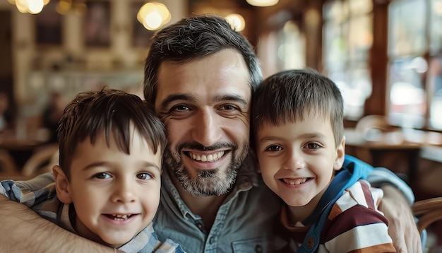 Un homme avec des lunettes sourit à deux jeunes garçons.