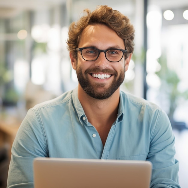 Un homme avec des lunettes sourit et un ordinateur portable.
