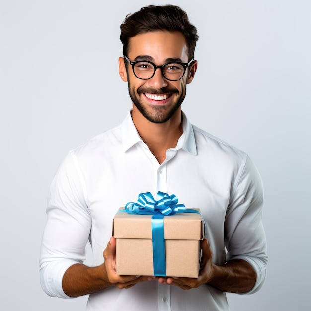 Un homme en lunettes tient un cadeau avec un ruban bleu.