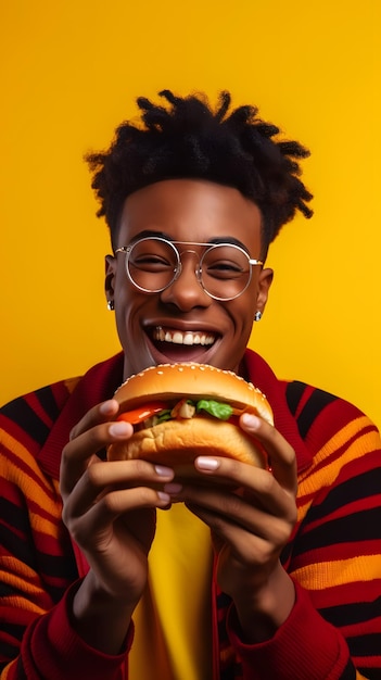 Un homme avec des lunettes tient un hamburger devant un fond jaune.