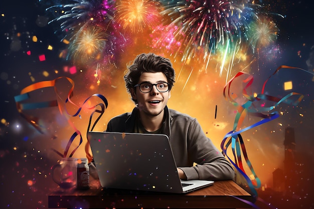 un homme avec des lunettes travaille sur un ordinateur portable avec des feux d'artifice derrière lui journée mondiale de l'internet