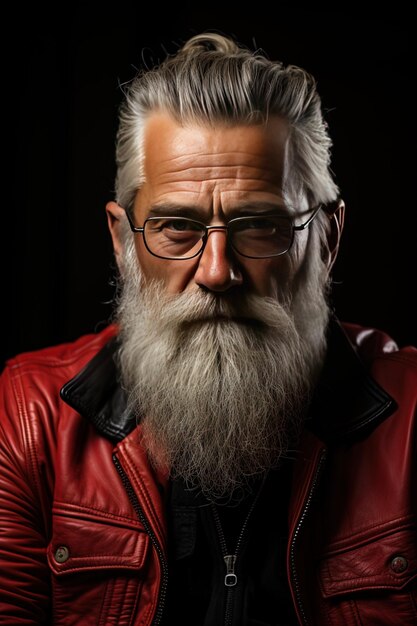 un homme avec des lunettes et une veste en cuir rouge avec une barbe