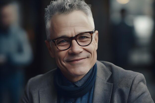 Un homme avec des lunettes et une veste grise sourit à la caméra