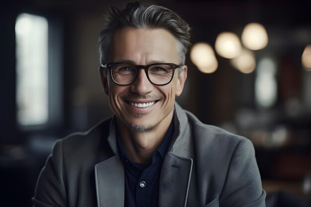 Un homme avec des lunettes et une veste grise sourit à la caméra