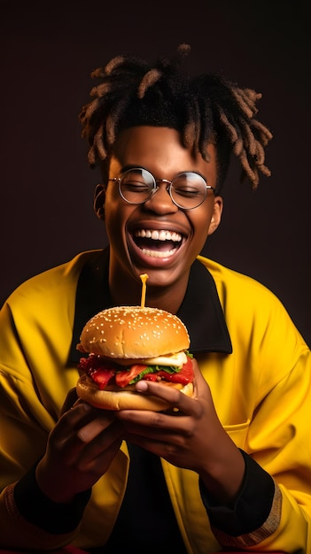 Un homme avec des lunettes et une veste jaune tient un hamburger.