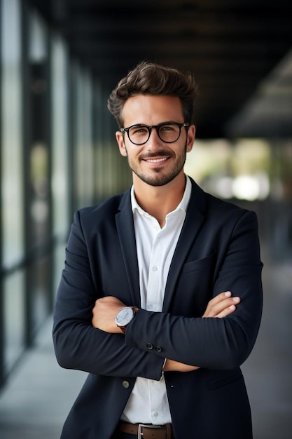 un homme avec des lunettes et une veste noire est debout avec les bras croisés