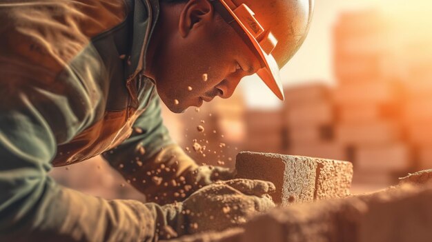 Photo homme maçon installant des briques