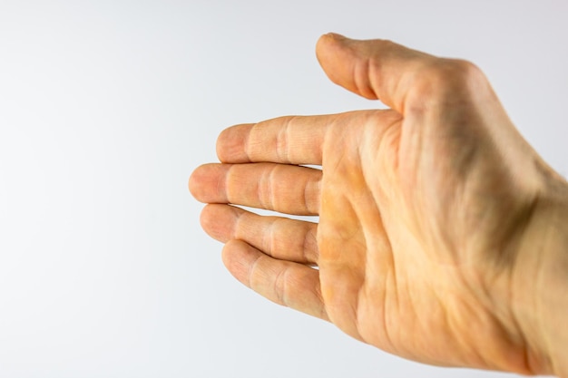 Homme de main sur fond blanc Paume de la main humaine Gros plan de la main anatomique isolé