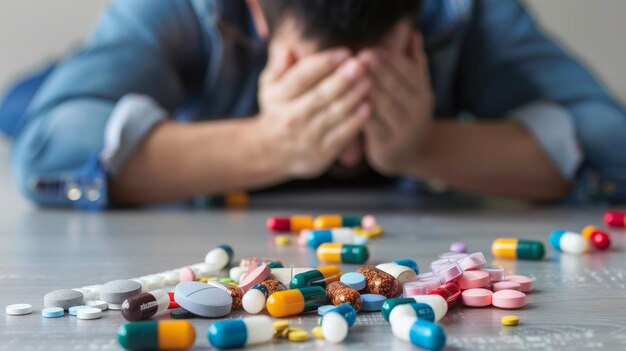 Un homme malade allongé sur le sol avec beaucoup de pilules colorées.
