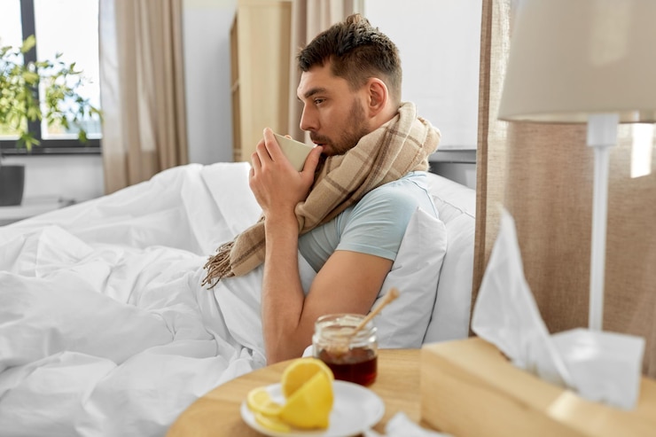 Photo un homme malade buvant du thé chaud dans son lit à la maison