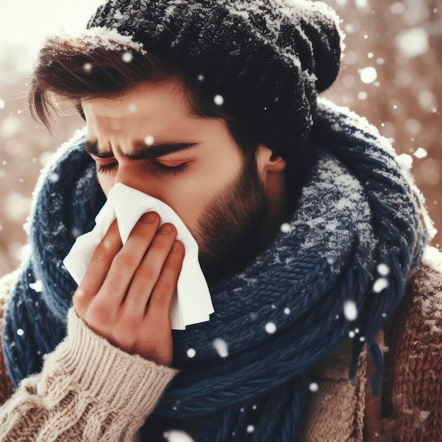 Un homme malade éternuant dans un foulard à l'extérieur, le fond de la neige tombe à un niveau génératif.