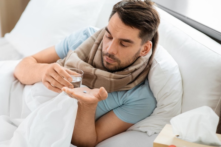 Photo un homme malade avec des médicaments et de l'eau au lit à la maison