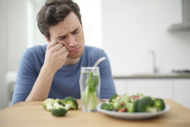 Un homme malheureux mange du brocoli adulte naturel Générer Ai