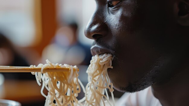 Un homme mange des nouilles Shirataki dans un restaurant.