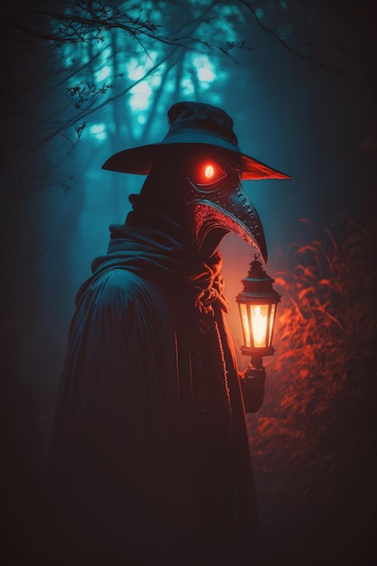 Homme en manteau noir et chapeau avec lanterne dans la forêt brumeuse Concept d'Halloween Generative AI