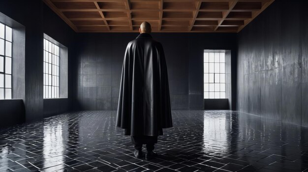 Photo l'homme en manteau noir dans une pièce sombre