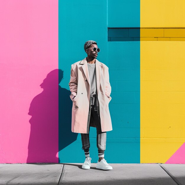 Photo un homme en manteau rose se tient devant un mur coloré.