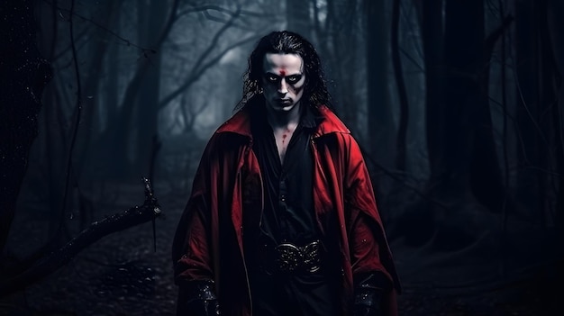 Un homme en manteau rouge se tient dans une forêt sombre avec une épée à la main.
