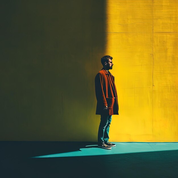 un homme en manteau se tient devant un mur jaune