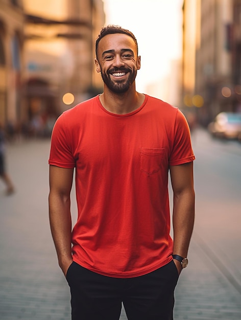 Homme en maquette de t-shirt rouge vierge