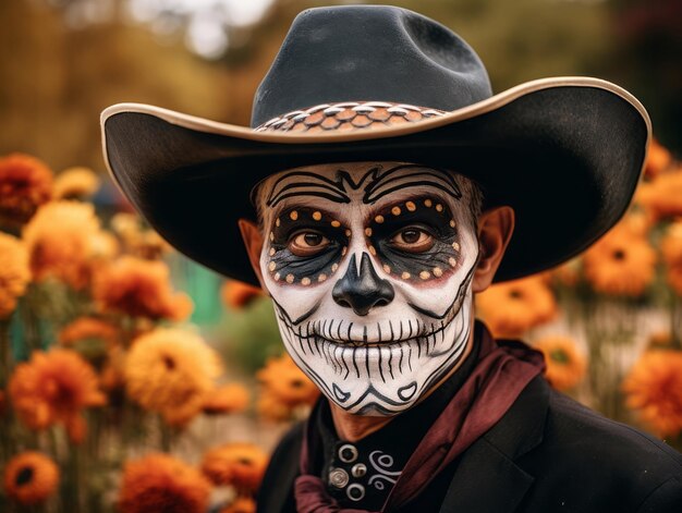 homme en maquillage du jour des morts avec une pose ludique