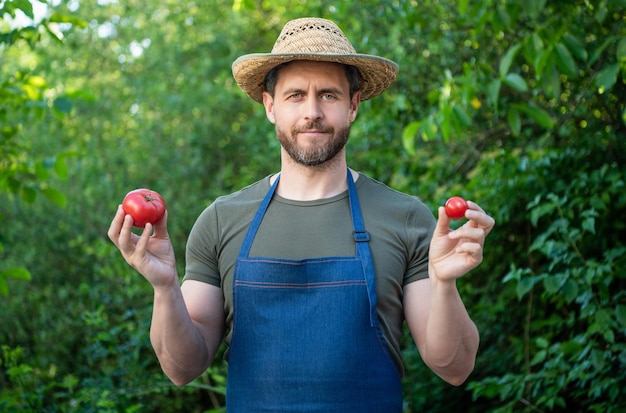 Homme marchand de légumes au chapeau de paille avec légume tomate