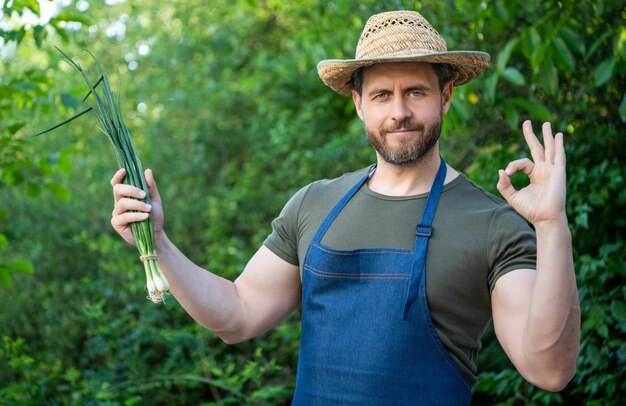 Homme marchand de légumes au chapeau de paille avec des légumes d'oignon vert ok