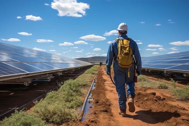 Un homme marchant à côté de panneaux solaires industriels