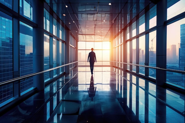 Homme marchant dans le couloir d'un grand immeuble de bureaux Homme d'affaires marchant dans un couloir avec de grandes fenêtres surplombant la ville