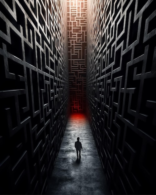 Un homme marchant dans un couloir sombre avec une lumière rouge au milieu