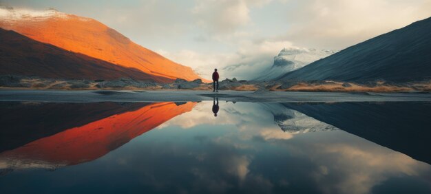 Photo homme marchant dans l'eau lac montagne silhouette ai