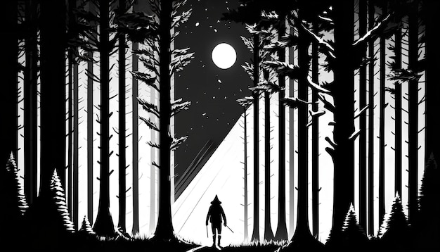 Un homme marchant dans une forêt avec une lune en arrière-plan.