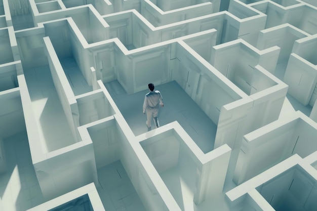 un homme marchant dans un labyrinthe blanc complexe concept surréaliste