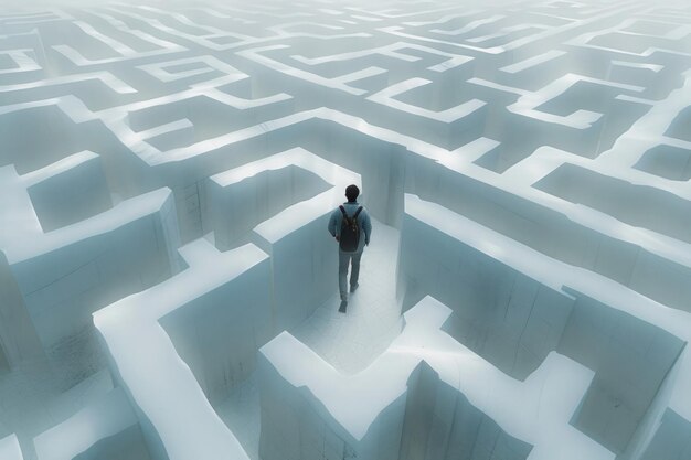 un homme marchant dans un labyrinthe blanc complexe concept surréaliste