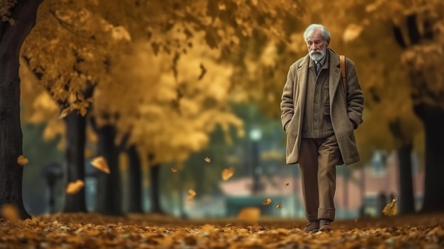 Un homme marchant dans un parc avec des feuilles d'automne sur le sol