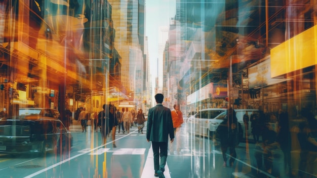 Un homme marchant dans une rue animée de la ville Image AI générative