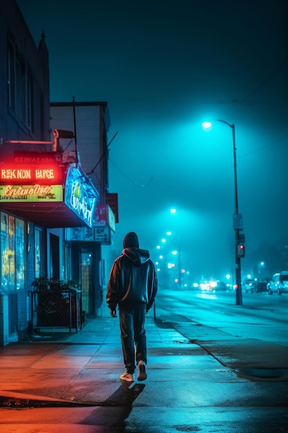 Un homme marchant dans une rue devant un panneau Pizza Hut.