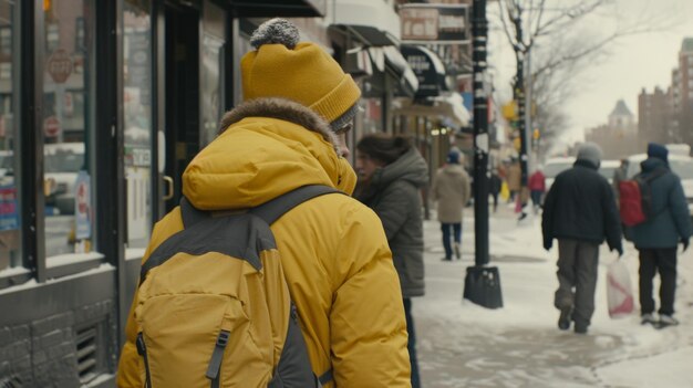 un homme marchant dans une rue enneigée de New York avec un sac à dos jaune et un chapeau d'hiver