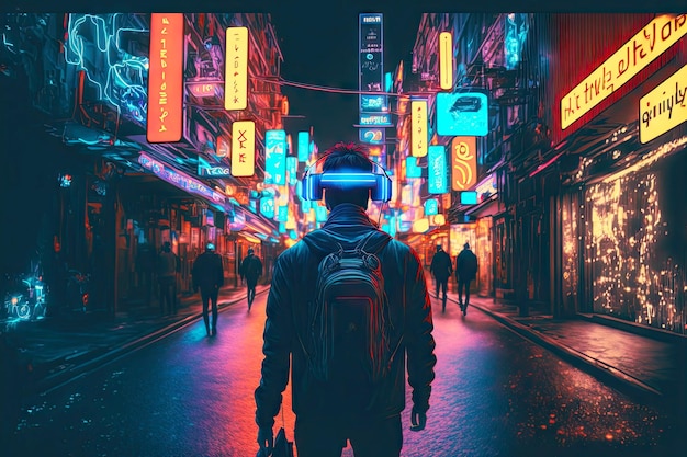 Homme marchant dans la rue avec des enseignes lumineuses au néon dans le monde virtuel du casque vr