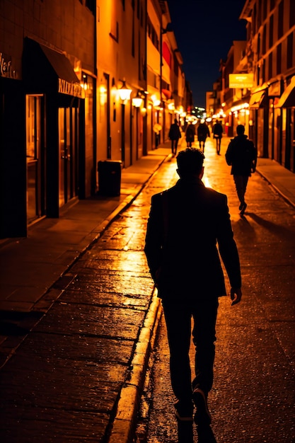 un homme marchant dans une rue la nuit avec un chapeau sur la tête et un costume sur